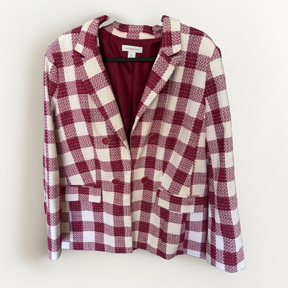 Vintage Liz Claiborne rose & white checkered wool-blend tweed blazer Size 18